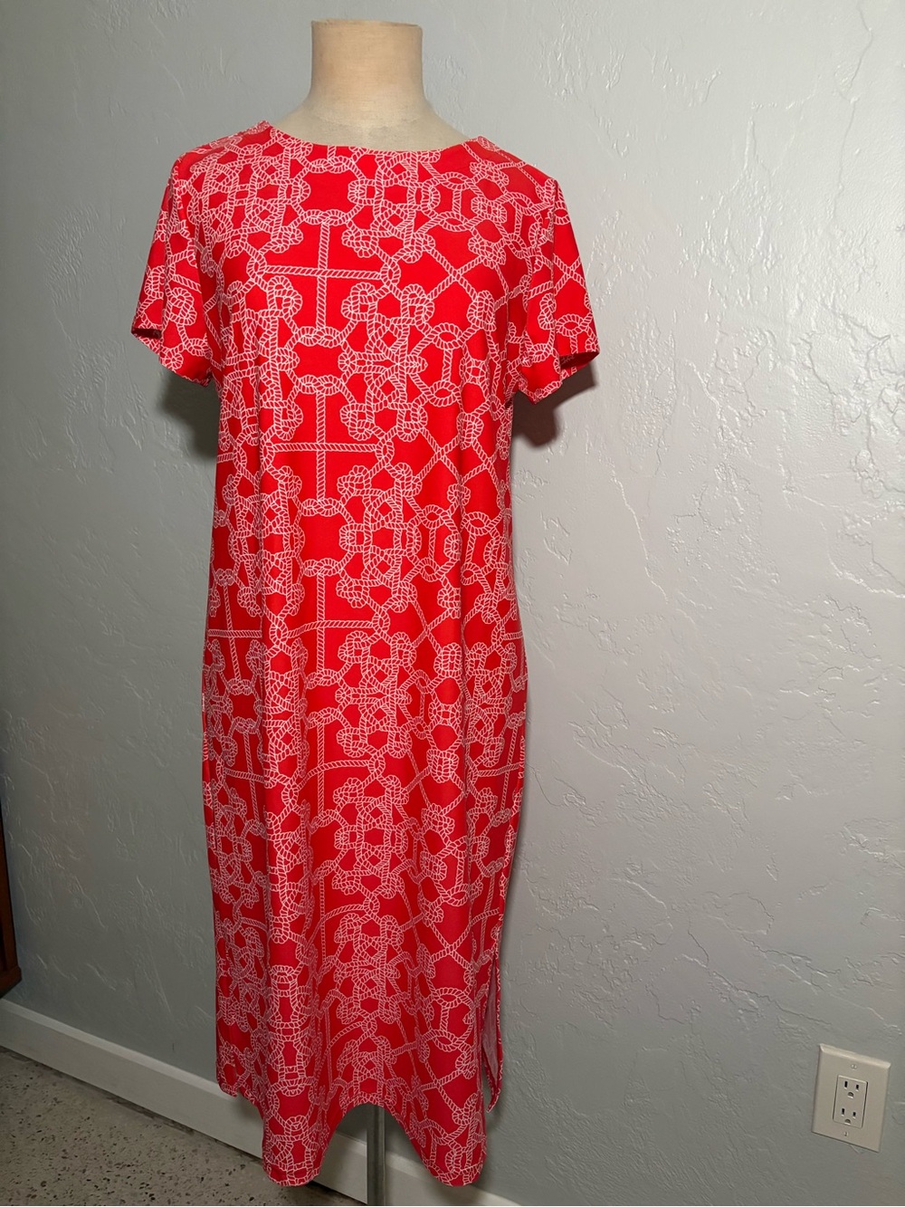 Jude Connally Reddish Orange and White Geometric Midi Shift Dress